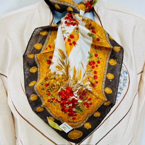 Burberry Accessories - New Tag  Burberry  Miniscarf/handker 19.5" Cotton/Silk Ivery Gold Red  Fruit(13